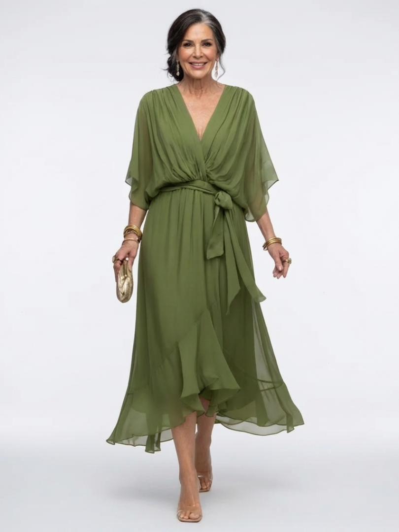 Elysia V neck midi dress in green, full-length front view