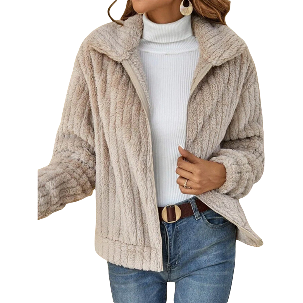 Sybil fleece winter jacket in beige, worn open over a white roll-neck