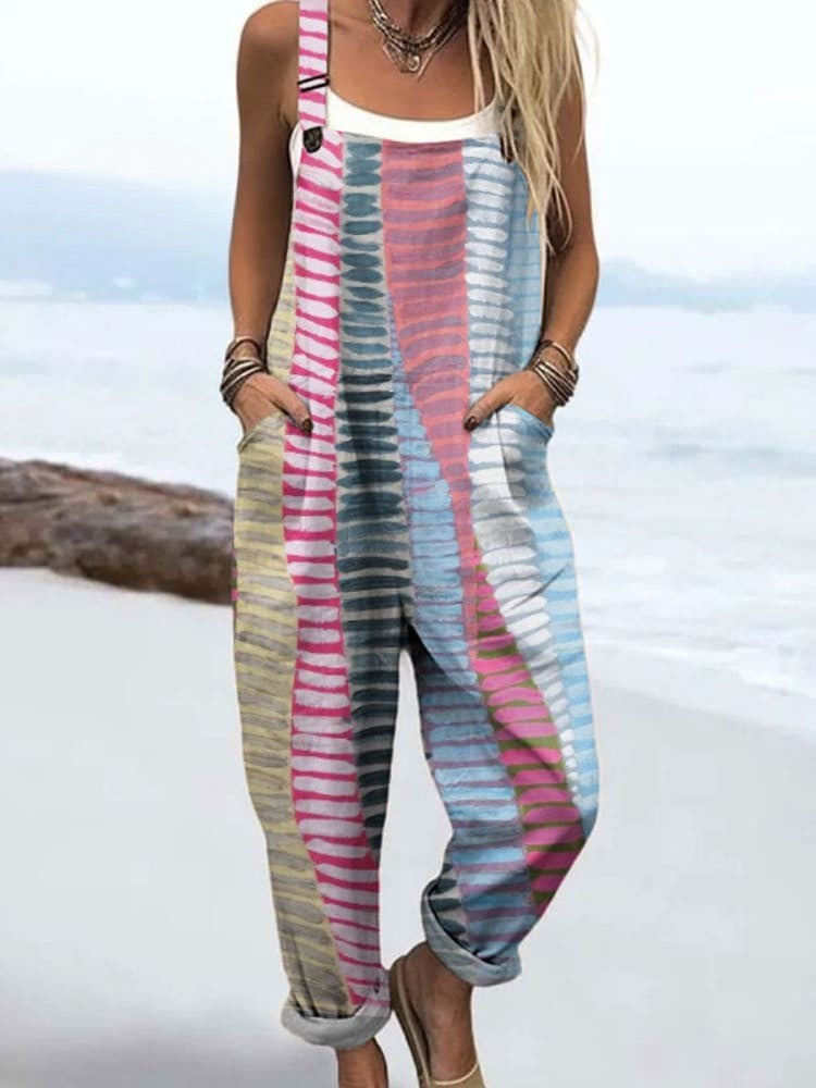 Coastal Rhythm dungarees in multicoloured painted stripe print, full-length front view