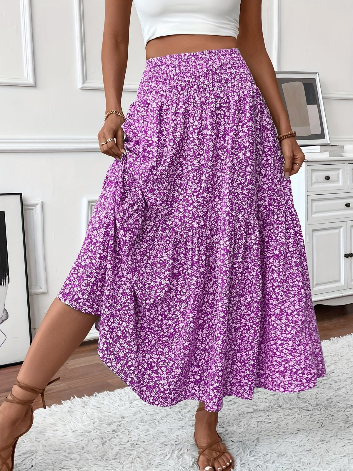 Tahlia tiered floral maxi skirt in violet, full-length front view
