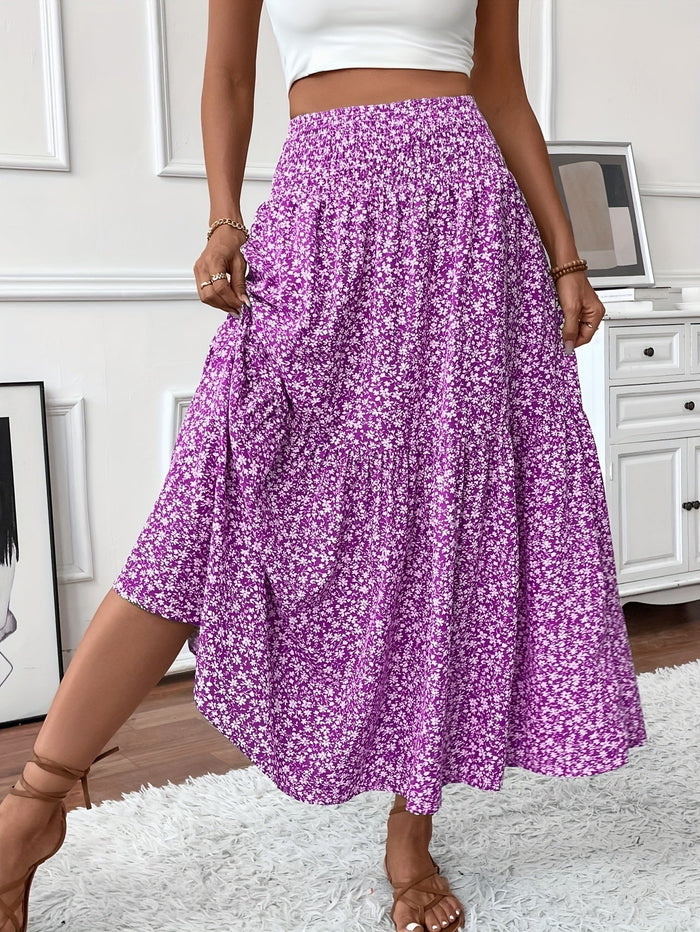 Tahlia tiered floral maxi skirt in violet, full-length front view