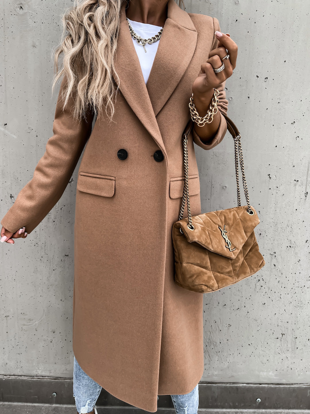 Evelyn classic lapel coat in brown, close view of buttons and pockets