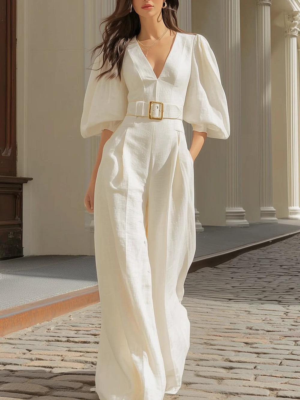 Isabella V-neck lantern sleeve jumpsuit in white, full-length front view