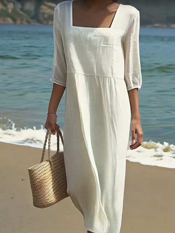White square-neck midi dress with three-quarter sleeves, full-length front view