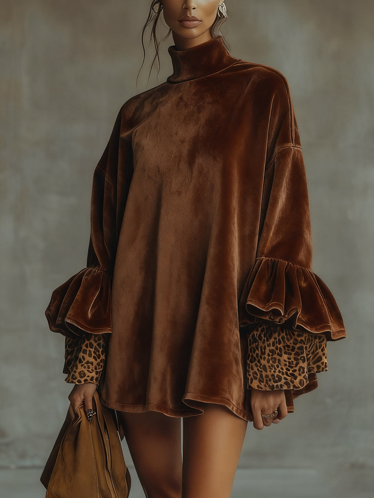 Ofelia velvet mini dress in brown, front view with leopard cuff flounce sleeves