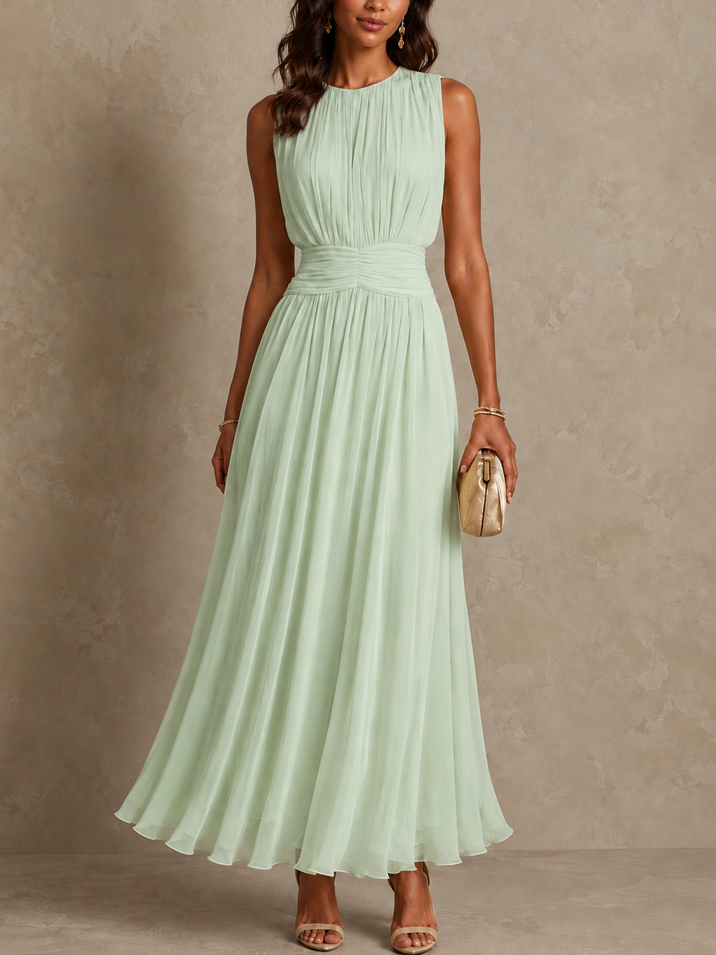 Chayna pleated maxi dress in soft green, full-length front view