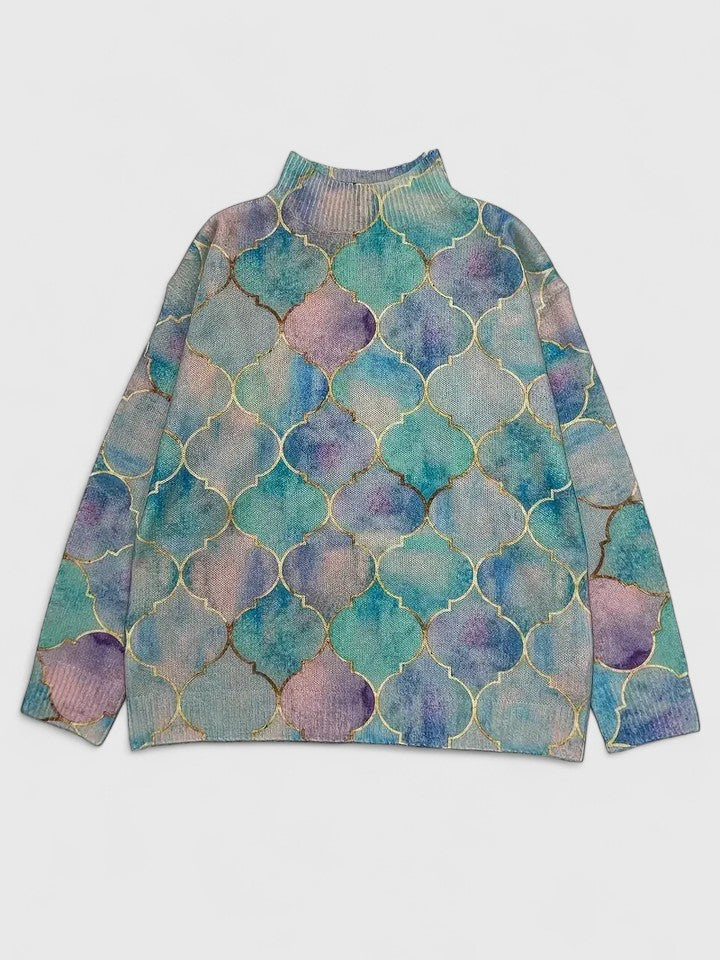 Selah pastel mosaic sweater, front view laid flat