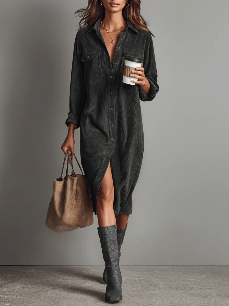 Béatrice corduroy midi dress in grey, full-length front view