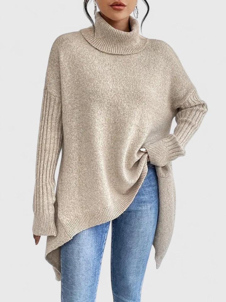 Keiralyss turtleneck sweater in khaki, showing asymmetric hem