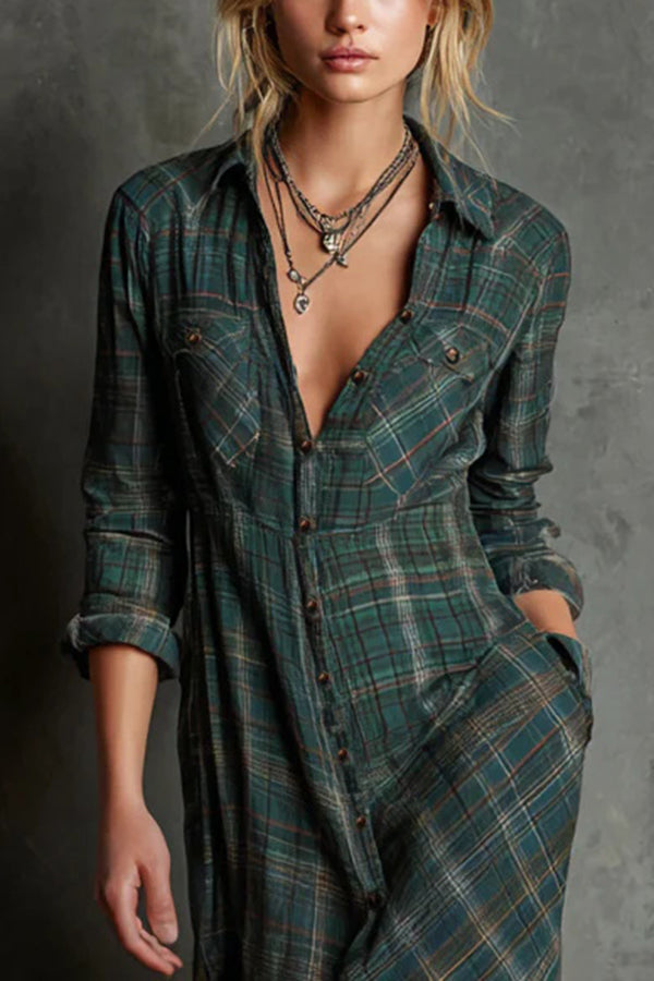 Ailene plaid shirt dress in green, close-up of collar, buttons and chest pockets