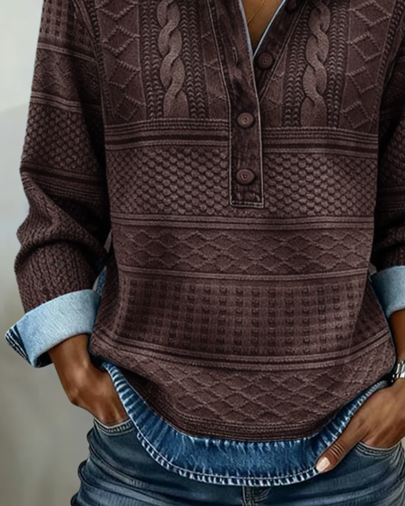 Loryn sweatshirt in coffee, close-up of knit texture and buttons