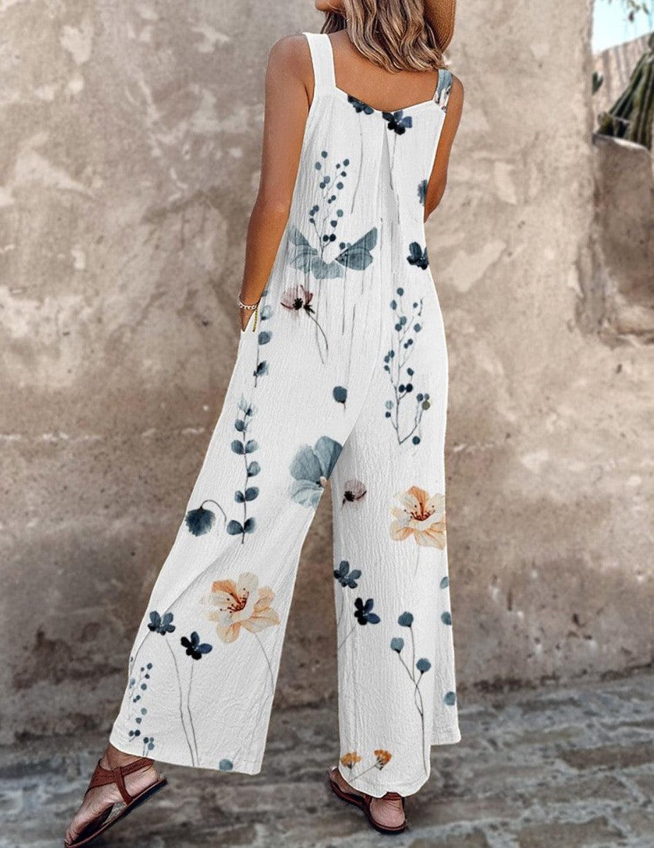 Fiona floral dungarees in white, full-length back view