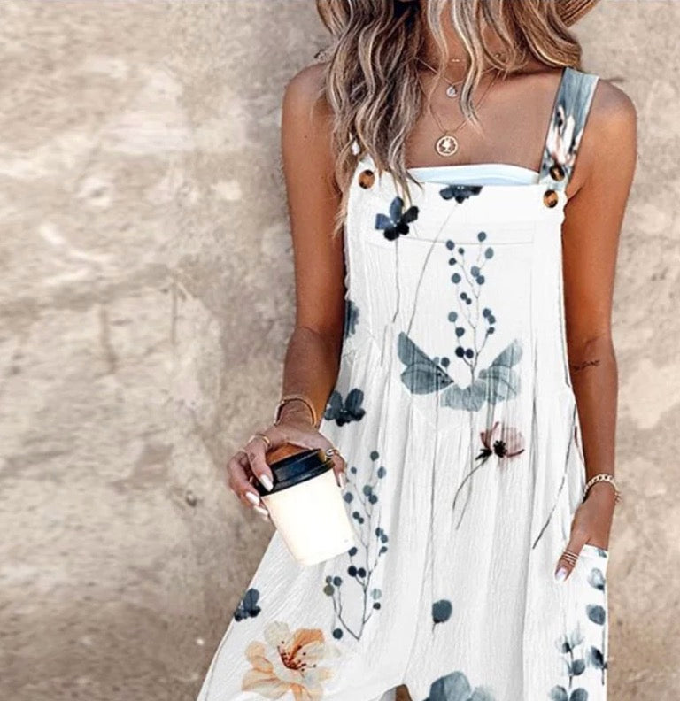 Fiona floral dungarees in white, close-up of bib and straps