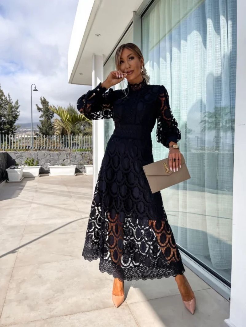 Liza lace midi dress in black, full-length view outdoors