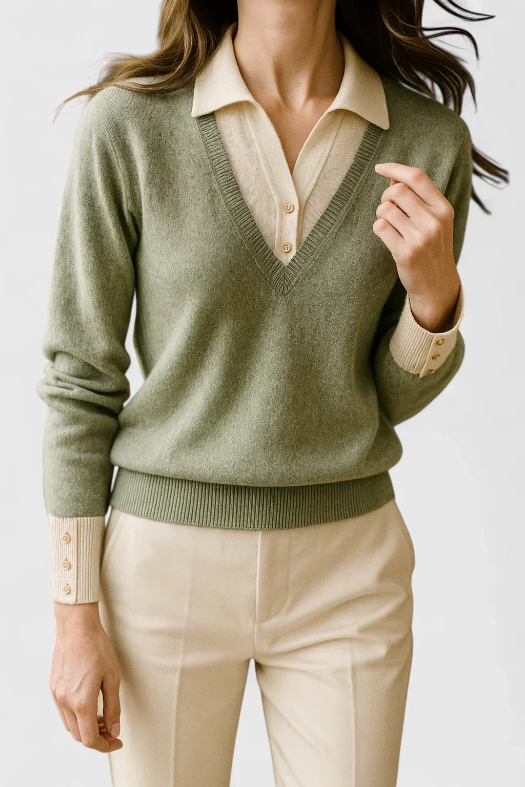 Jovi elegant sweater in green with cream collar and cuffs