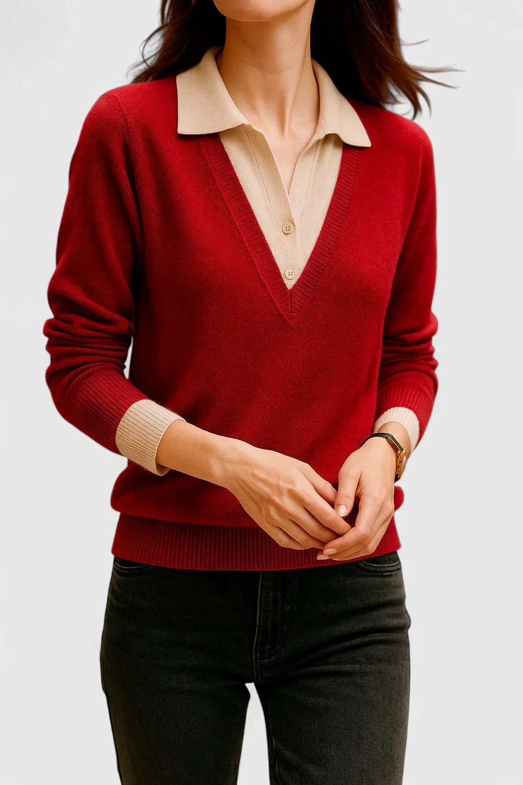 Merrin red sweater with cream layered collar and cuffs, front view