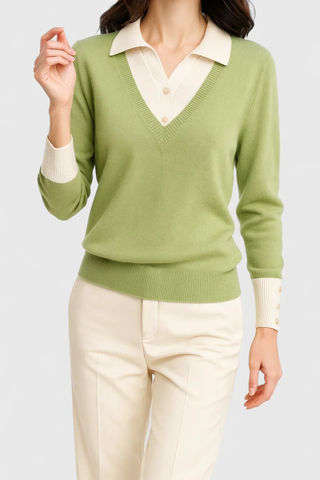 Merrin elegant sweater in lime green with cream collar, front view