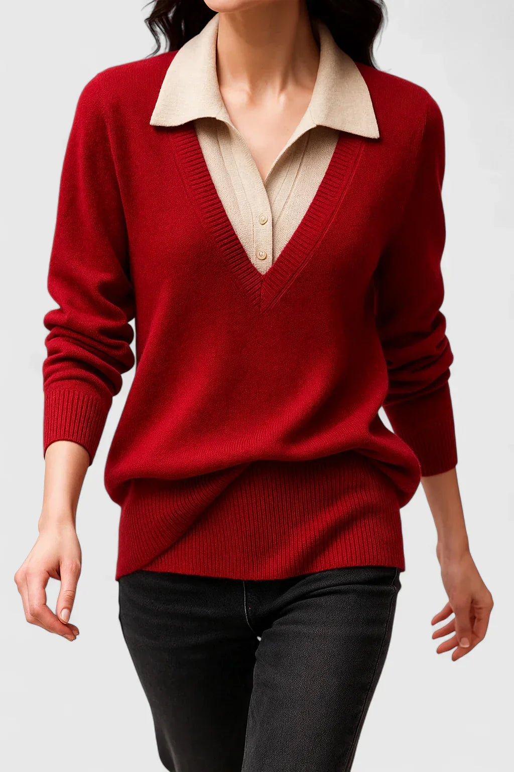 Merrin sweater in red, full front view worn with black jeans