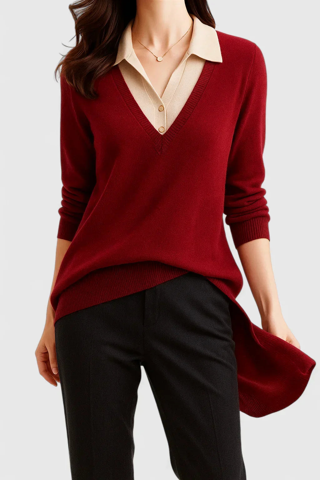 Merrin elegant sweater in red with cream collar, front view