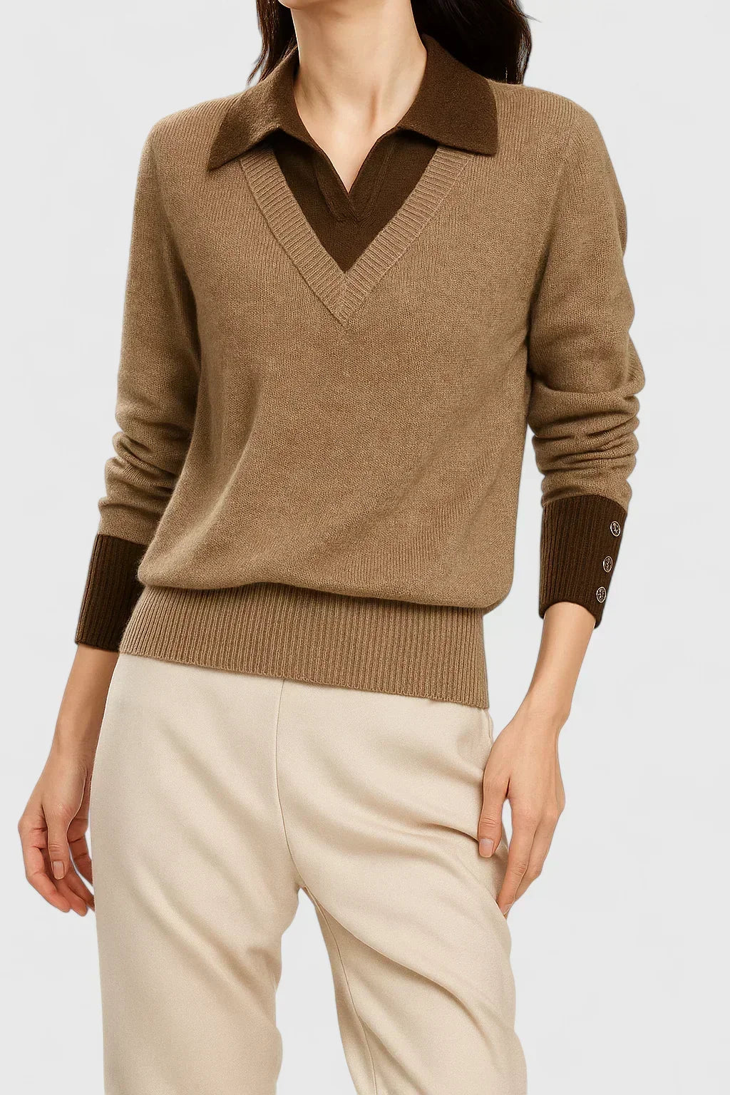 Jovi elegant sweater in brown, showing buttoned contrast cuff