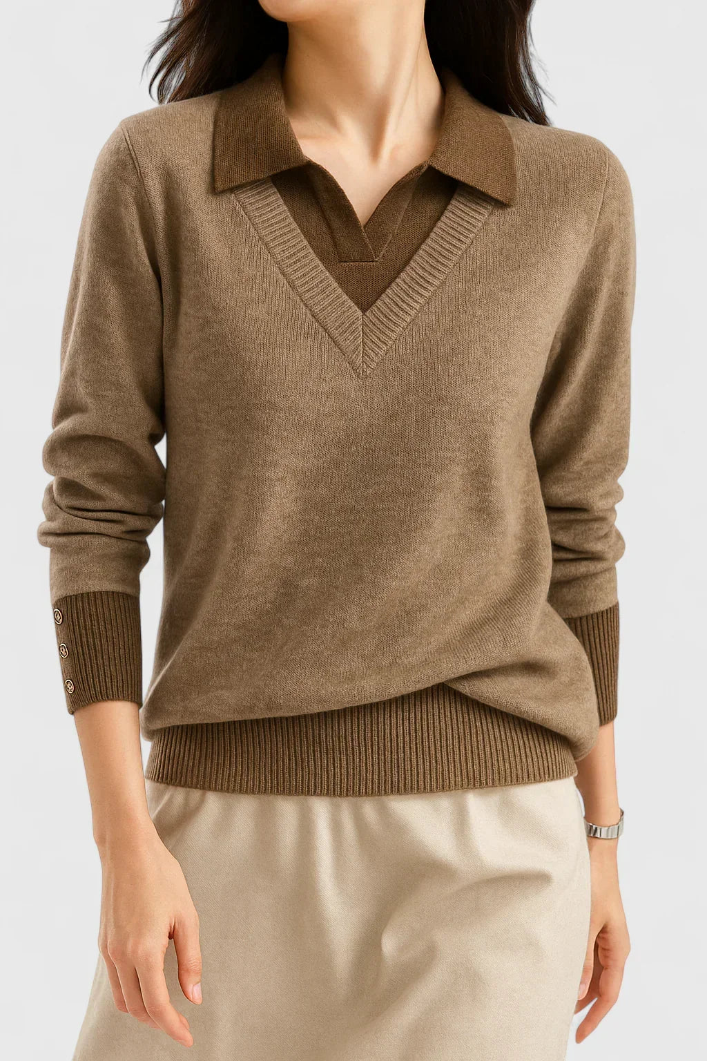 Merrin elegant sweater in brown, front view with pointed collar