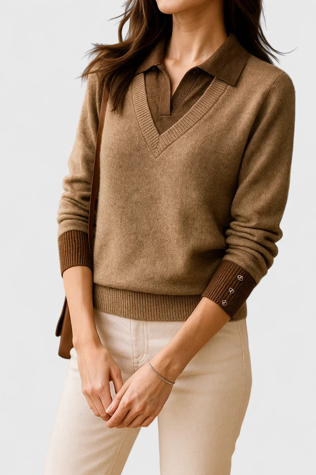 Merrin knit sweater in brown, front view with buttoned cuff detail