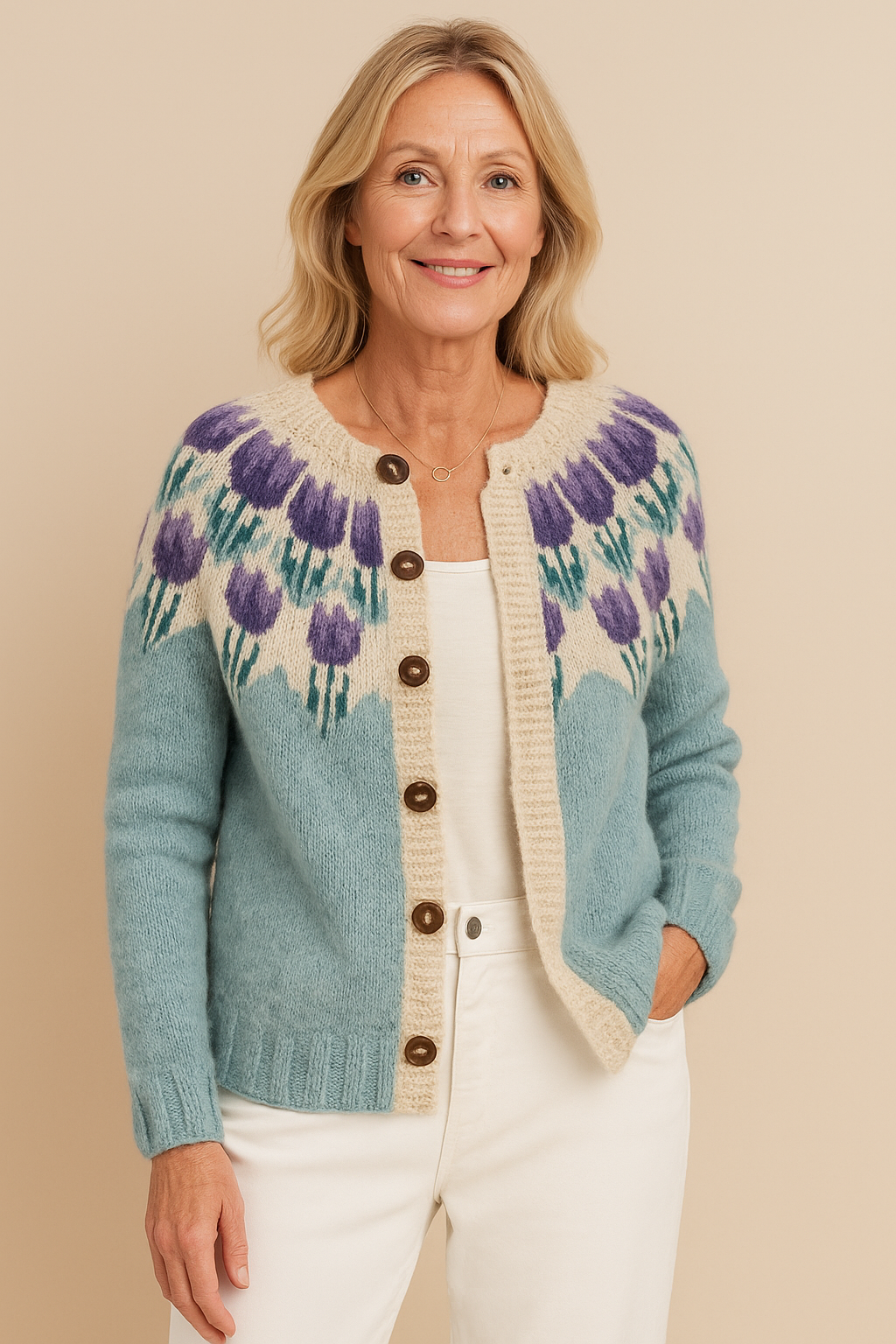 Keira floral knitted cardigan in light blue, front view worn open over a white top