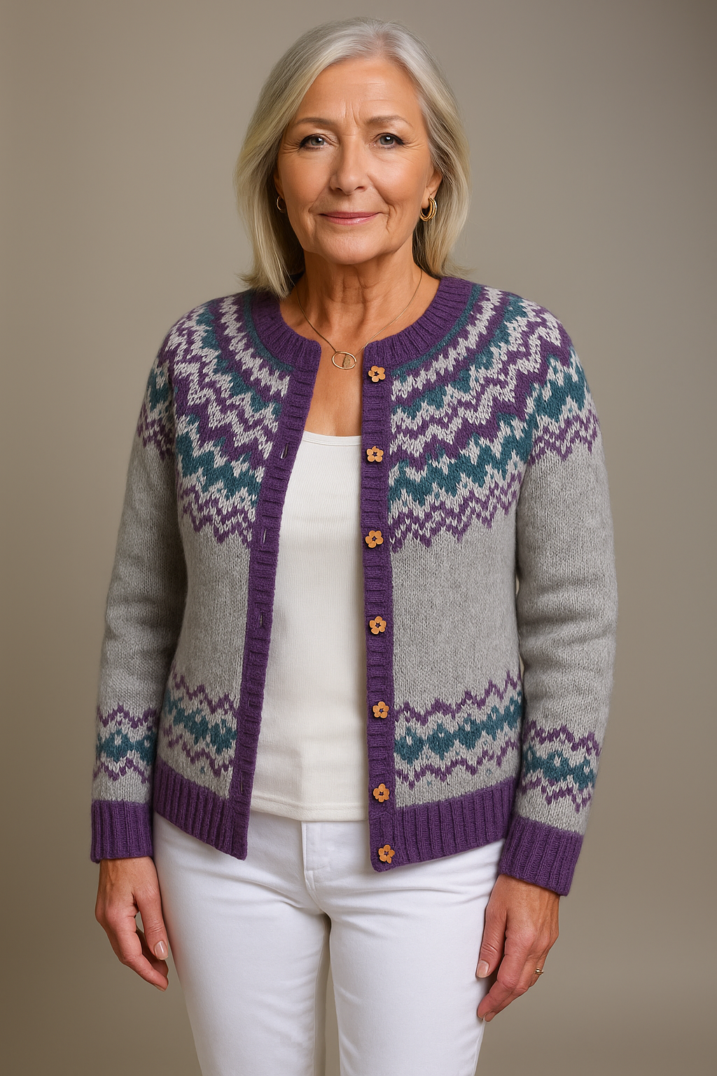 Naomi vintage Icelandic cardigan in grey and purple, front view worn open
