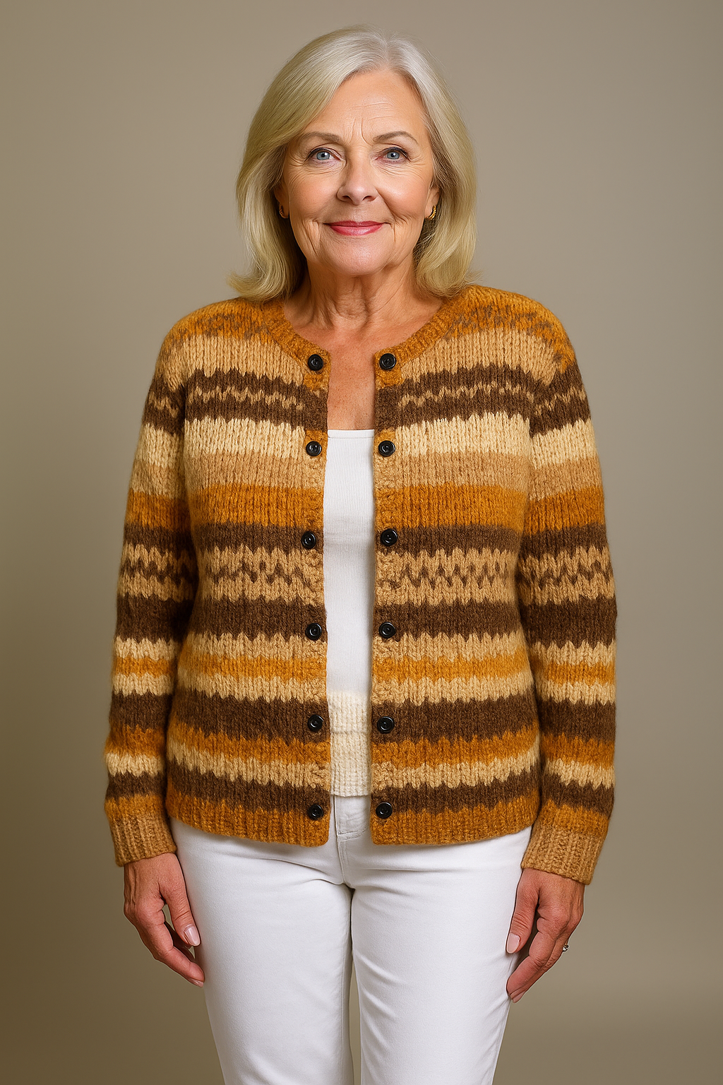 Tessa knit cardigan in brown and caramel stripes, front view worn open over white top