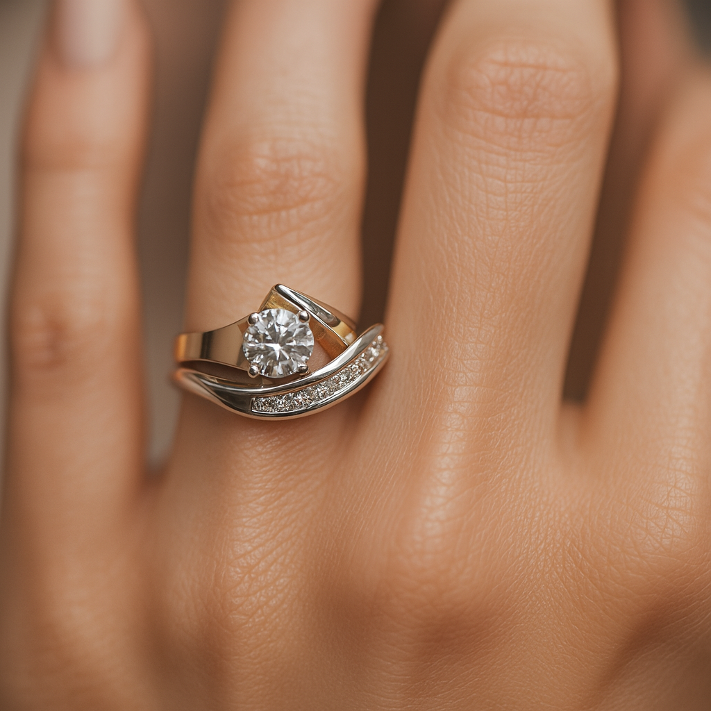Karla zirconia ring on the finger showing curved pavé band detail