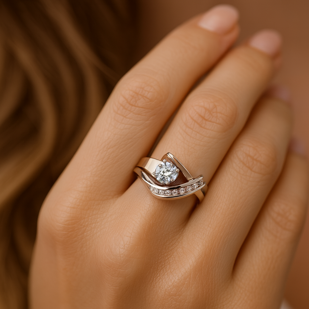 Karla asymmetric gold and silver ring worn on a hand, close-up view