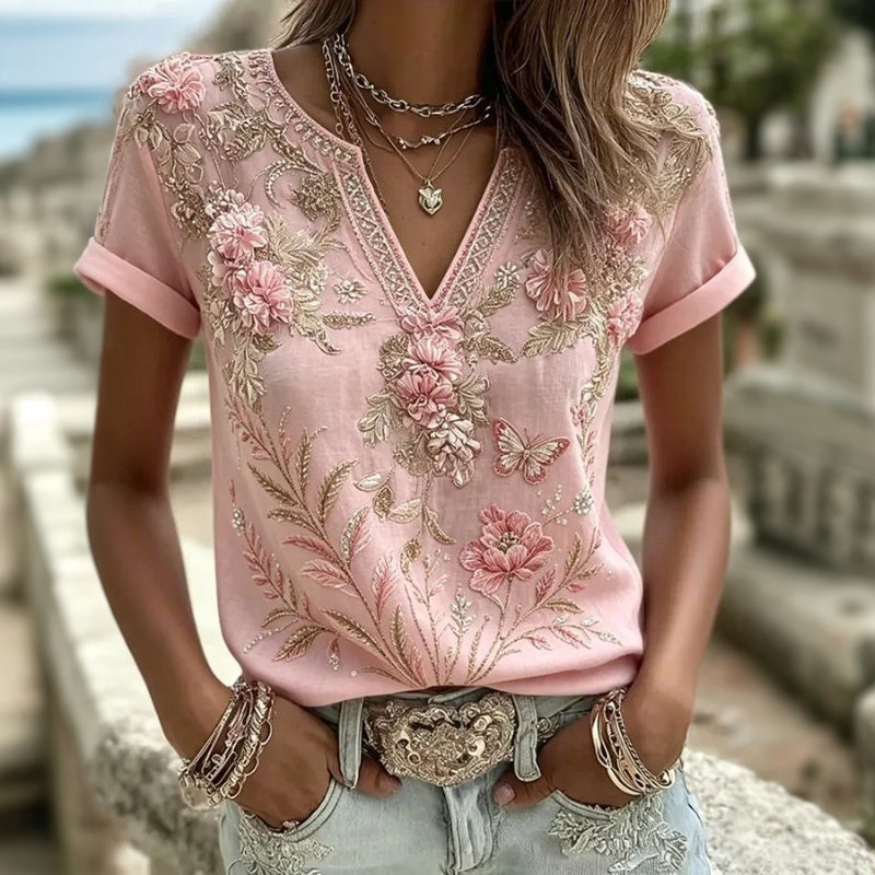 Rosalie floral blouse in pink, close view of V-neckline and print