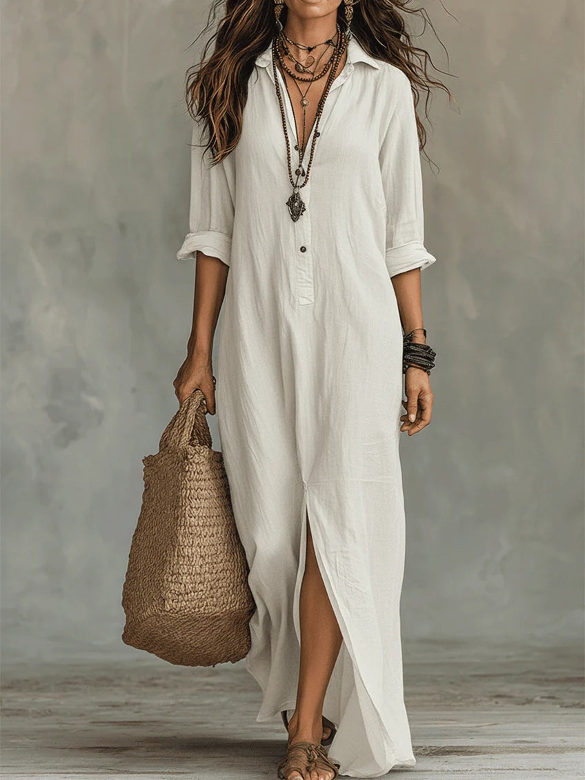 Valeria buttoned maxi dress in white, full-length front view