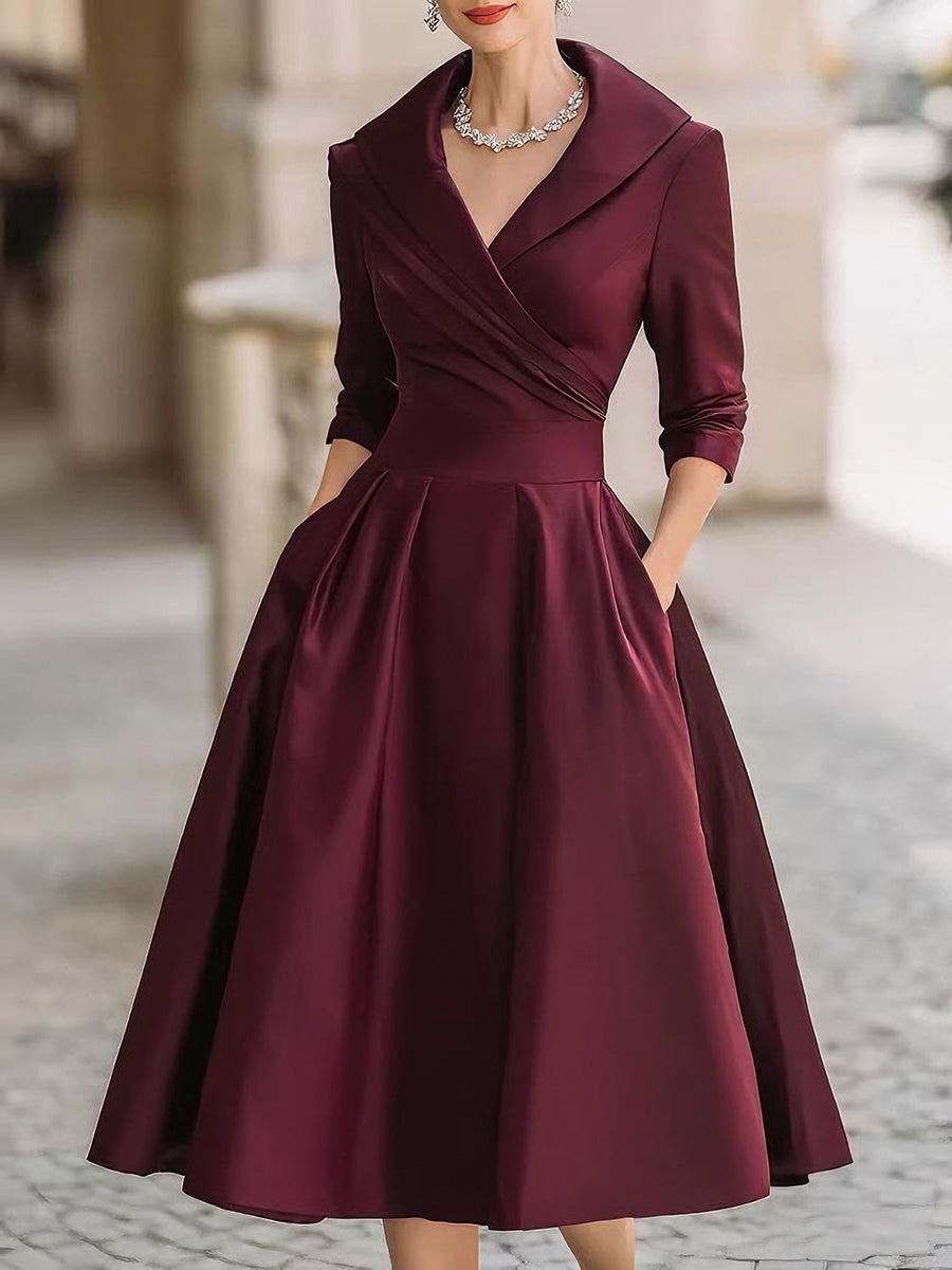 May elegant midi dress in burgundy, full-length front view