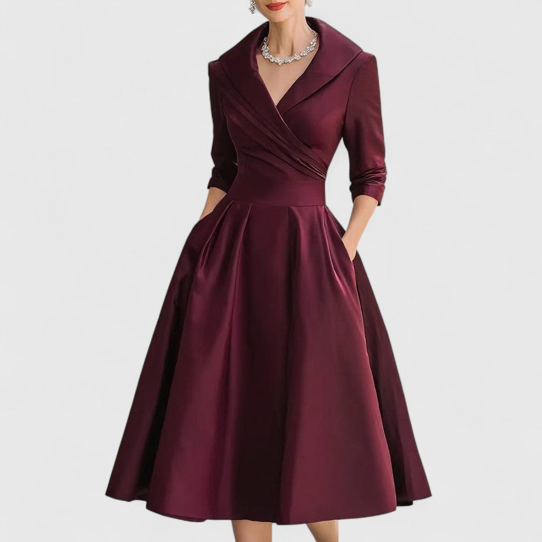 Marley Quinn elegant midi dress in deep red, full-length front view