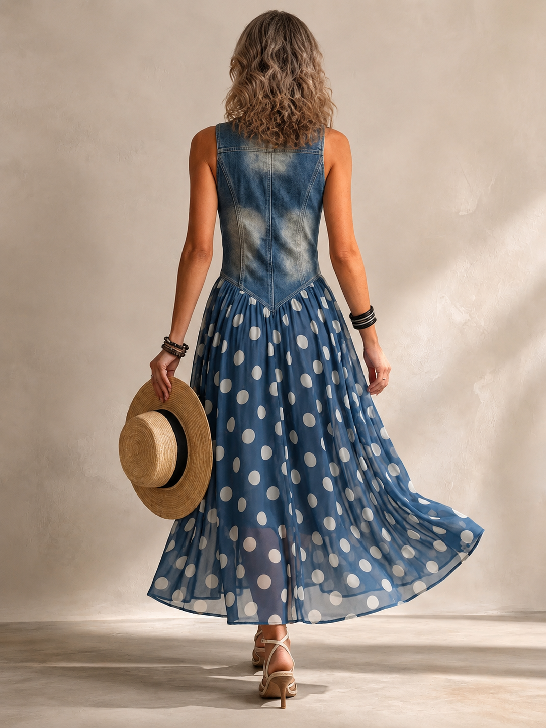 Adeline polka dot denim dress in blue, back view with fitted denim bodice