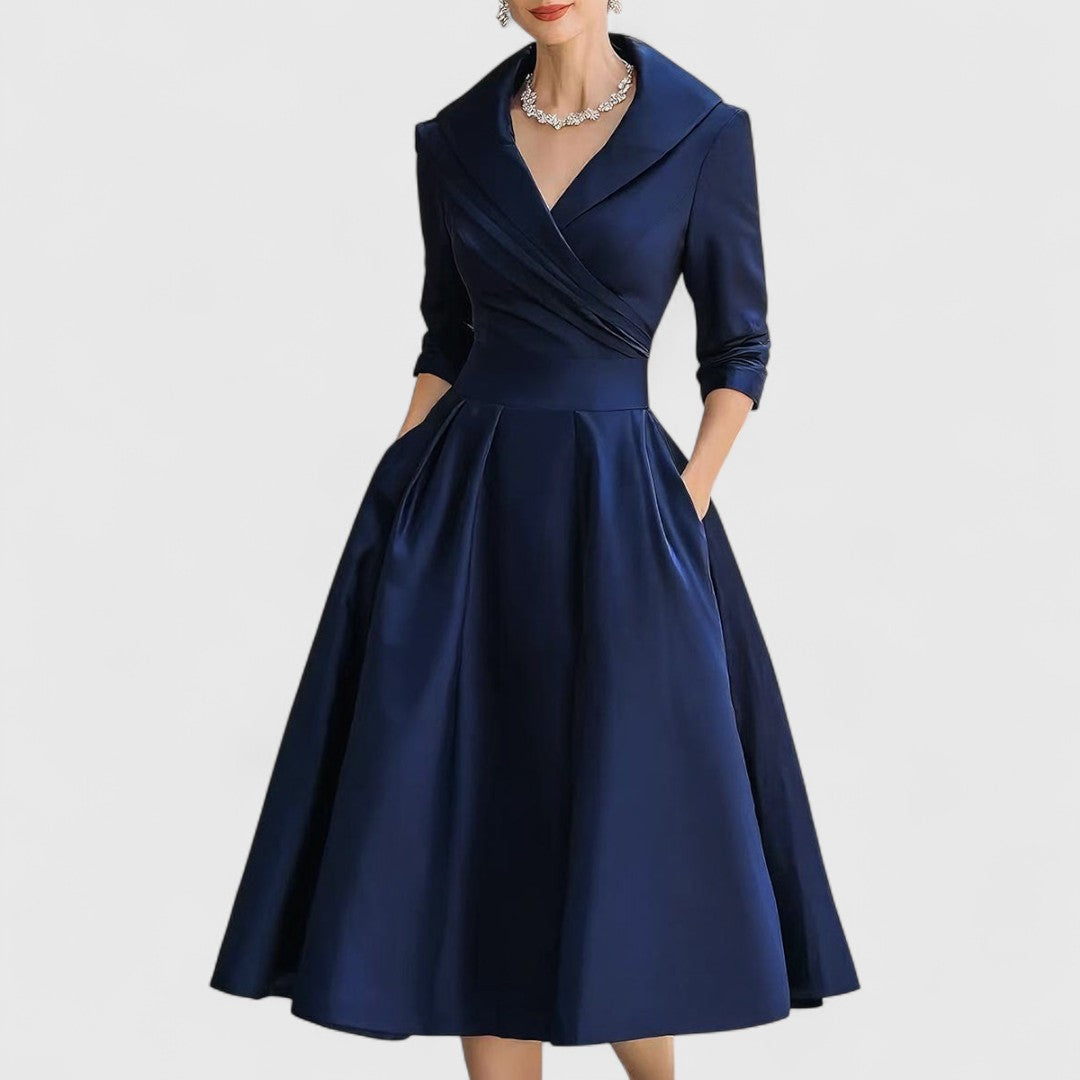 Marley Quinn elegant midi dress in navy blue, full-length front view