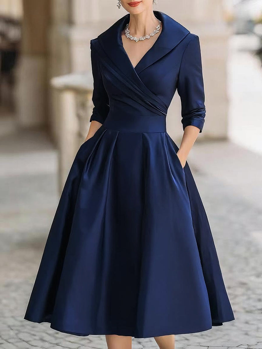 May elegant midi dress in navy blue, full-length front view