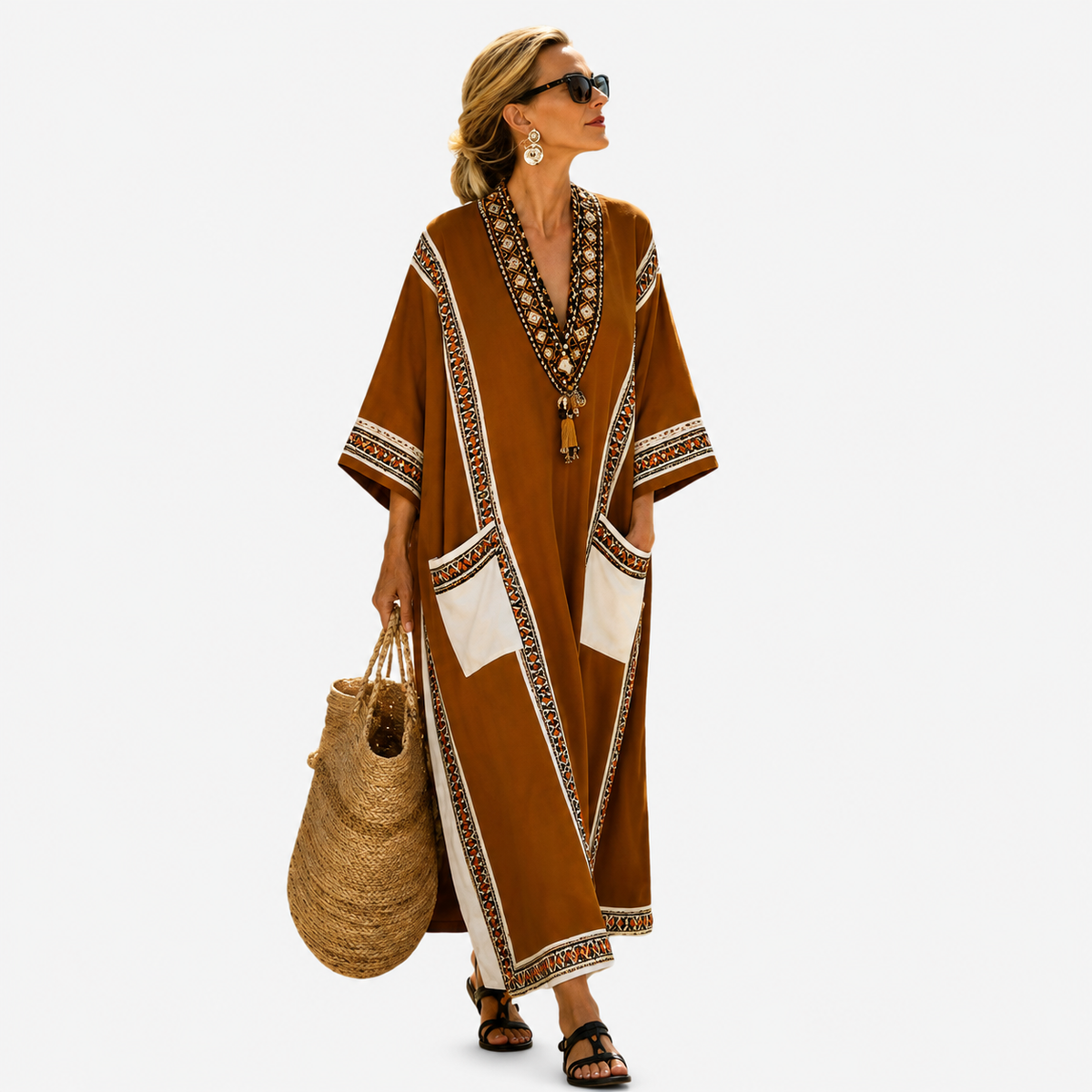 Long brown kaftan with ethnic borders and front pockets, full-length front view