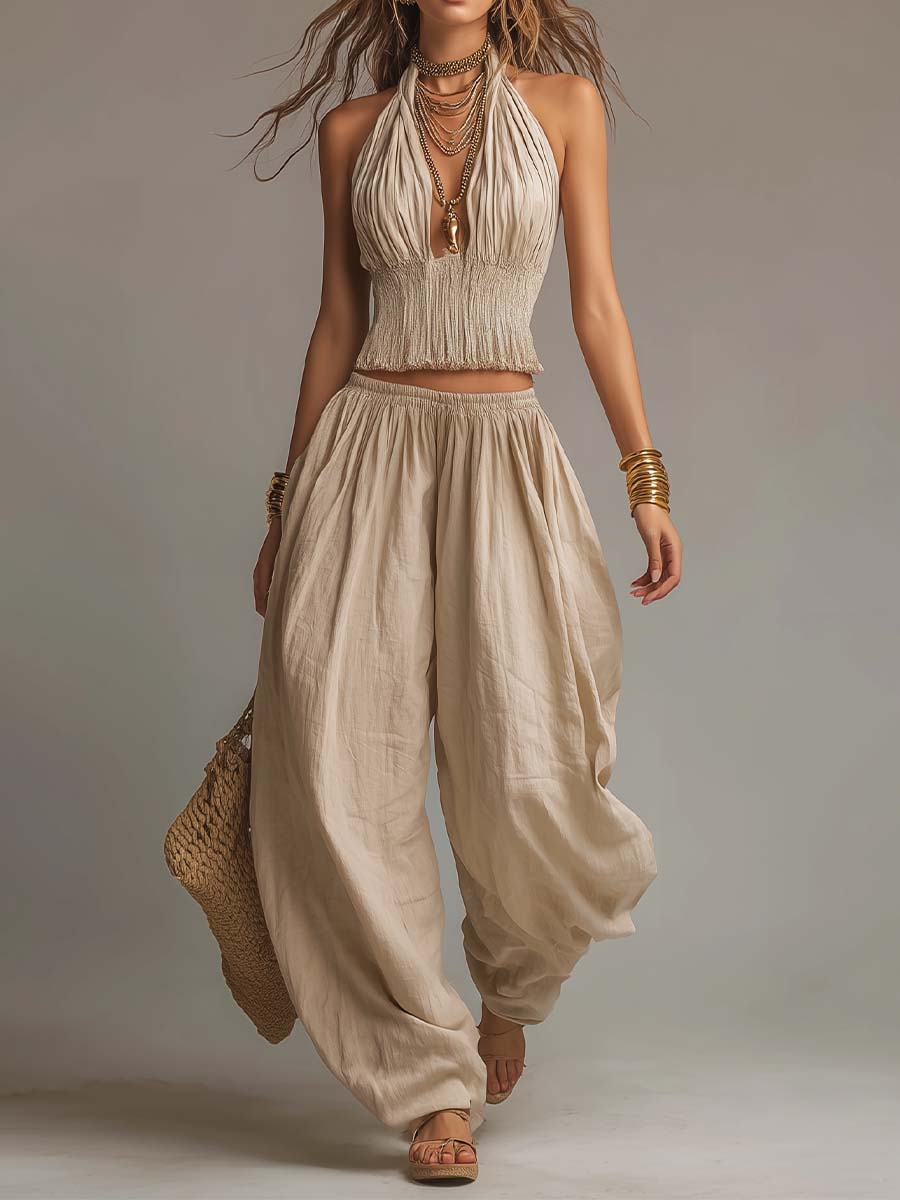Danna two-piece halter top and harem trousers set in beige, front view