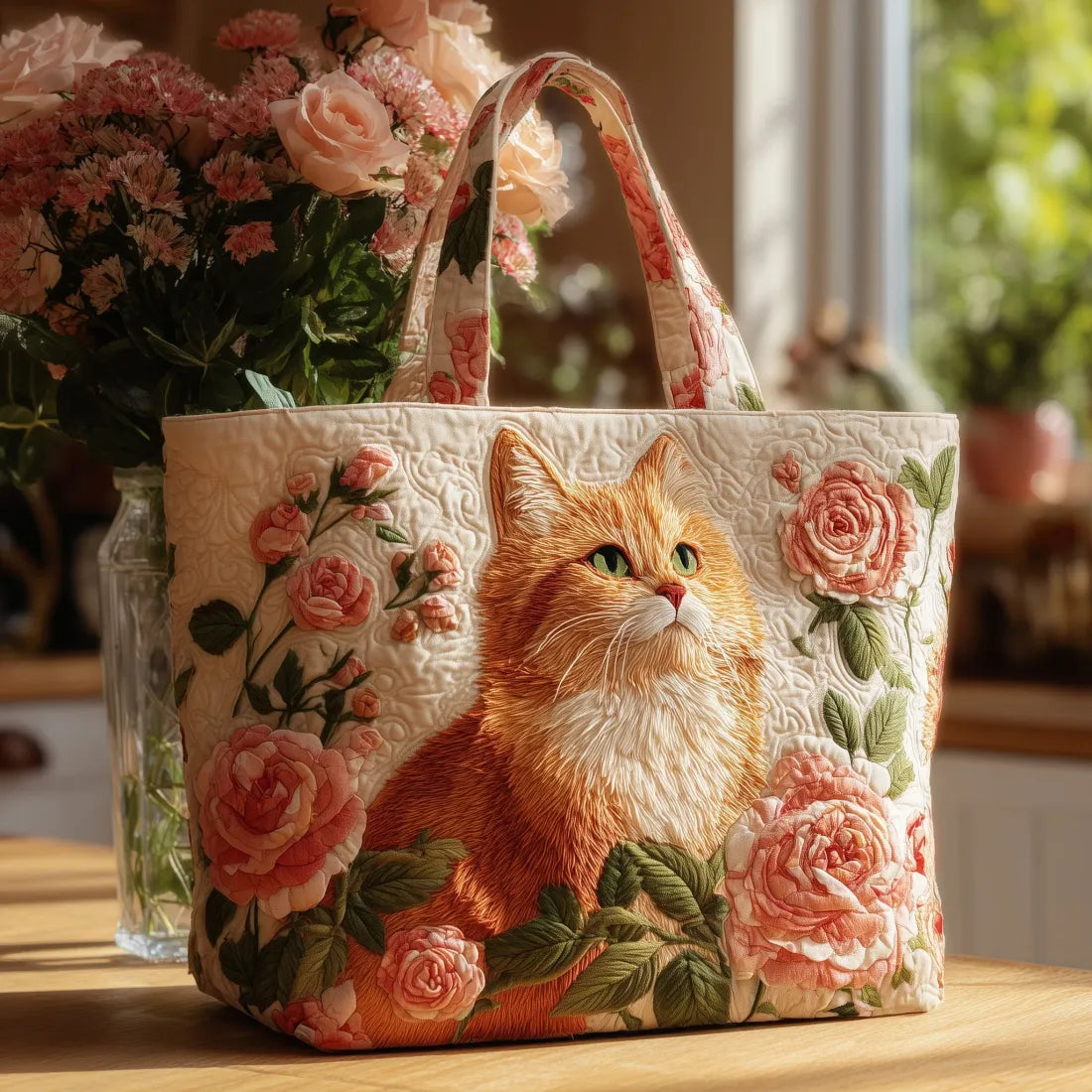 Handcrafted tote bag with ginger cat and pink roses print, front view on a table