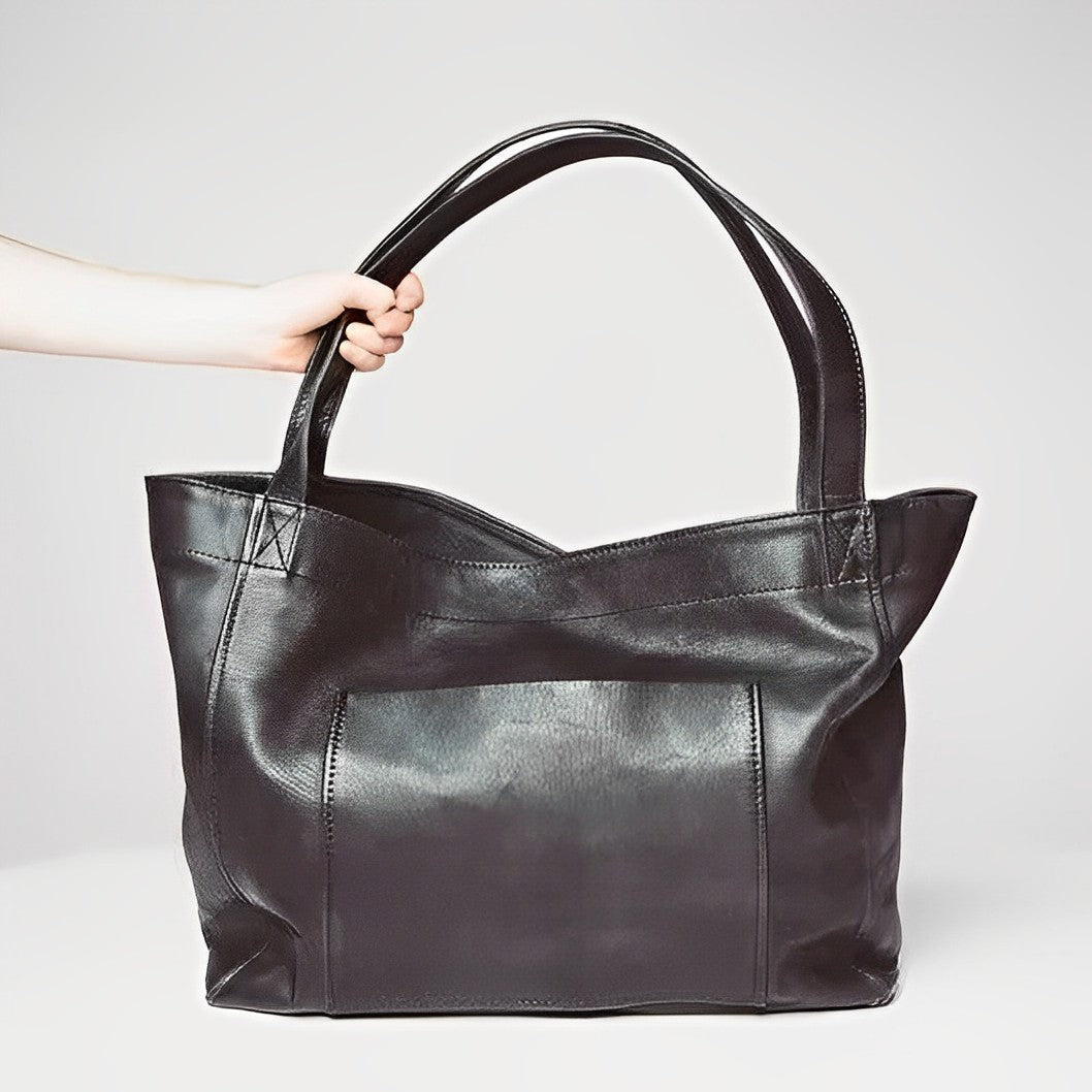 Oriane retro leather tote bag in black, front view