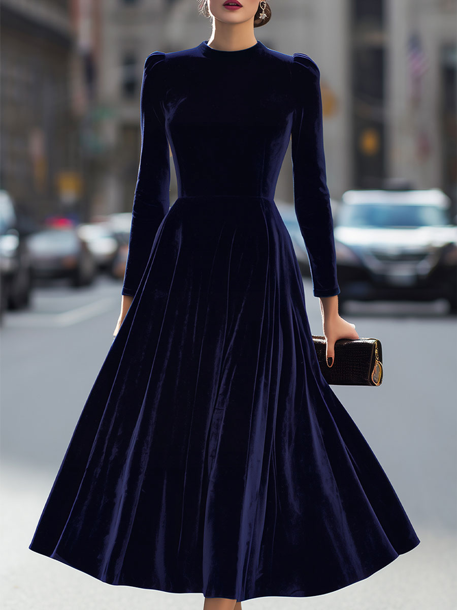 Yrene velvet midi dress in navy blue, full-length front view