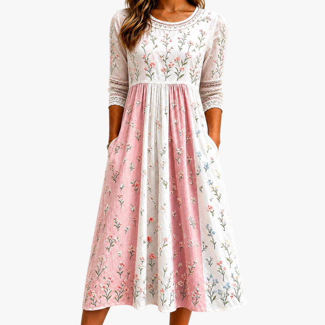 Evangeline broderie floral midi dress in pink and white, front view