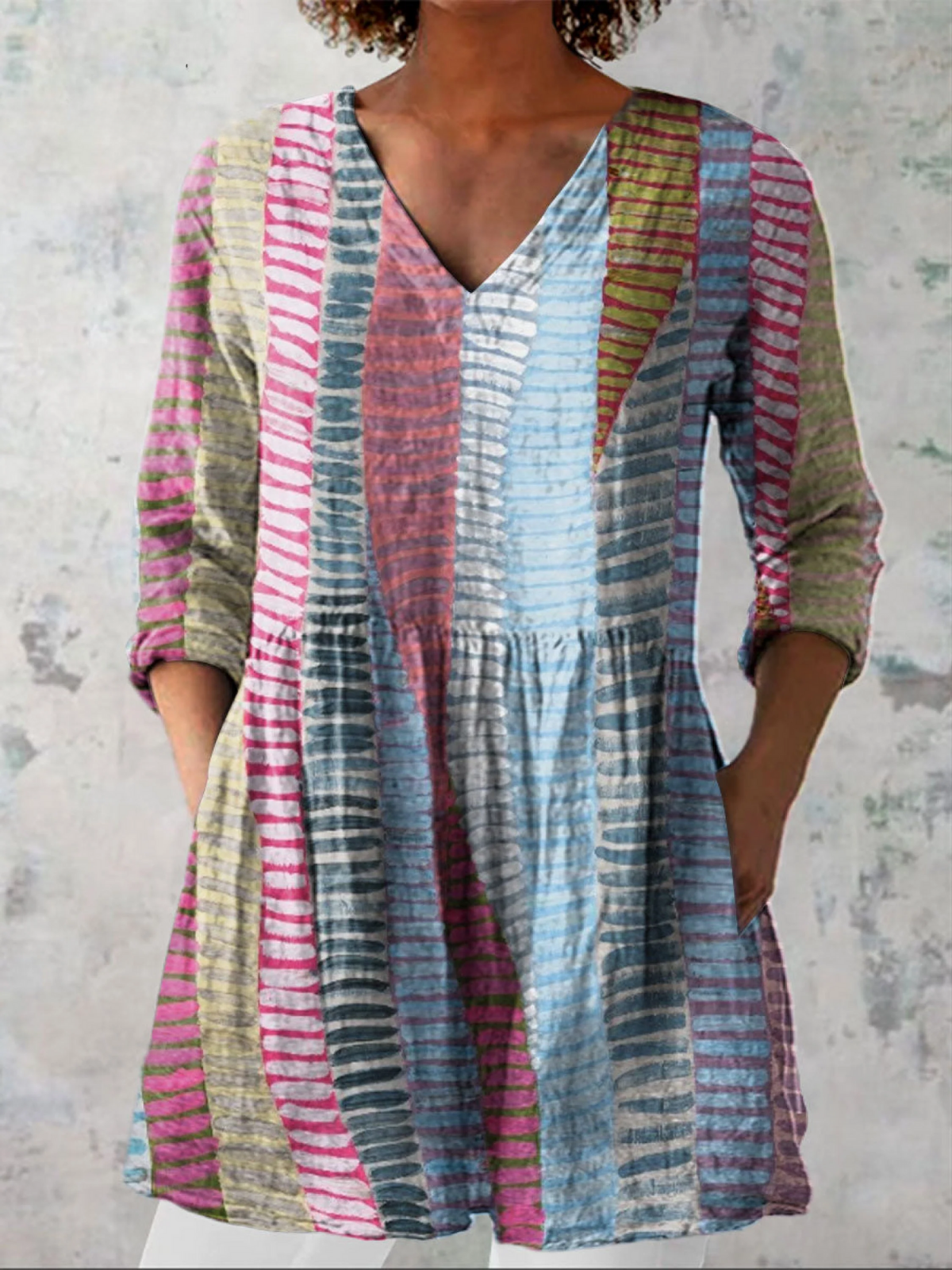 Anais long V-neck blouse in multicoloured painted stripe print, front view on model