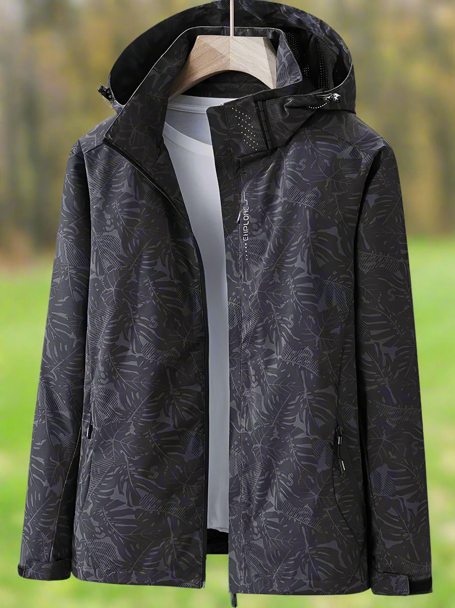 Tauriel leaf print windbreaker in black, front view with hood