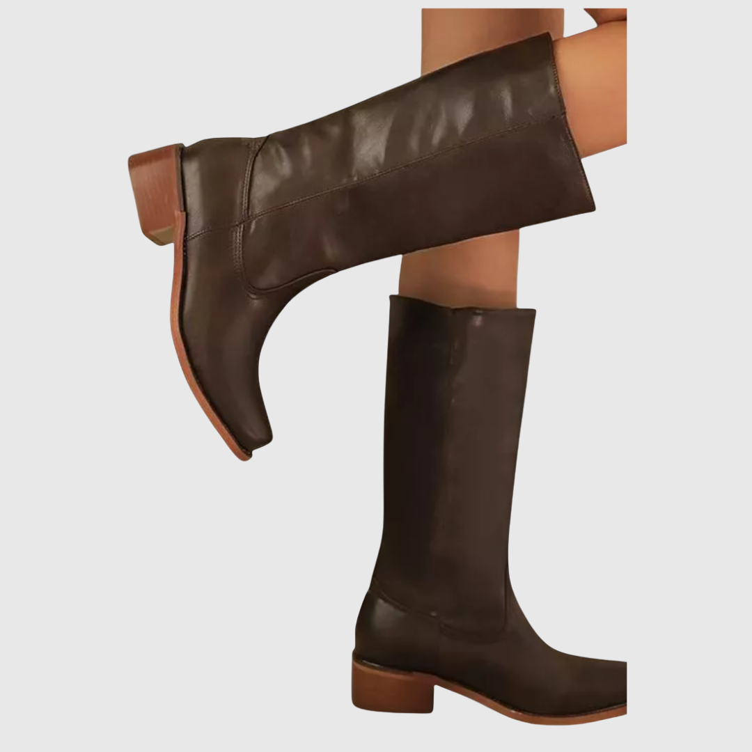 Lerelia knee-high boots in dark brown, worn by a model