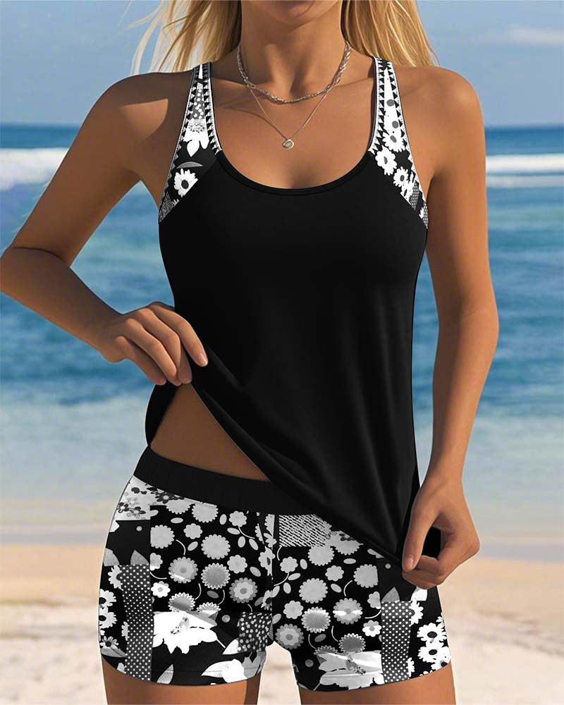 Sarah swimsuit set in black, front view with white floral shorts