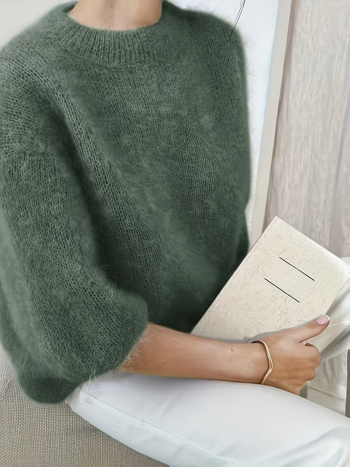 Ember crew neck sweater in army green, balloon sleeve detail