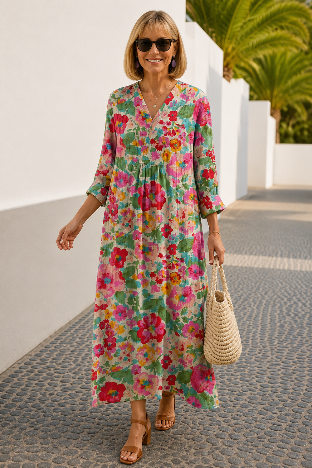Elsie midi dress in multicoloured floral print, full-length front view outdoors